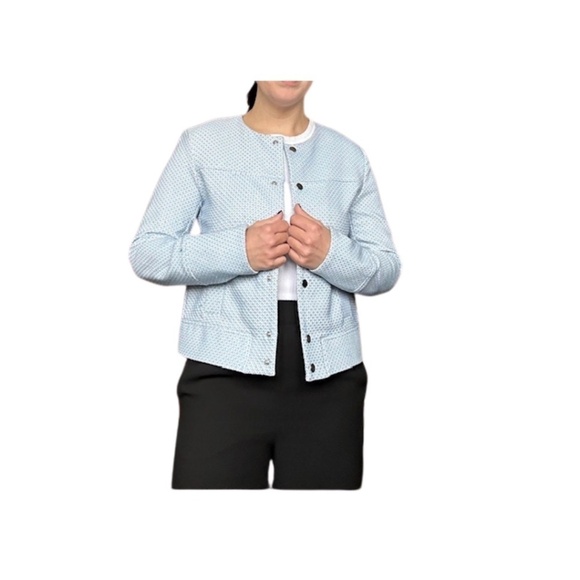 Zara Retro Soft Cropped Blazer in Light Blue and Cream with a Geometric Pattern - Picture 2 of 7
